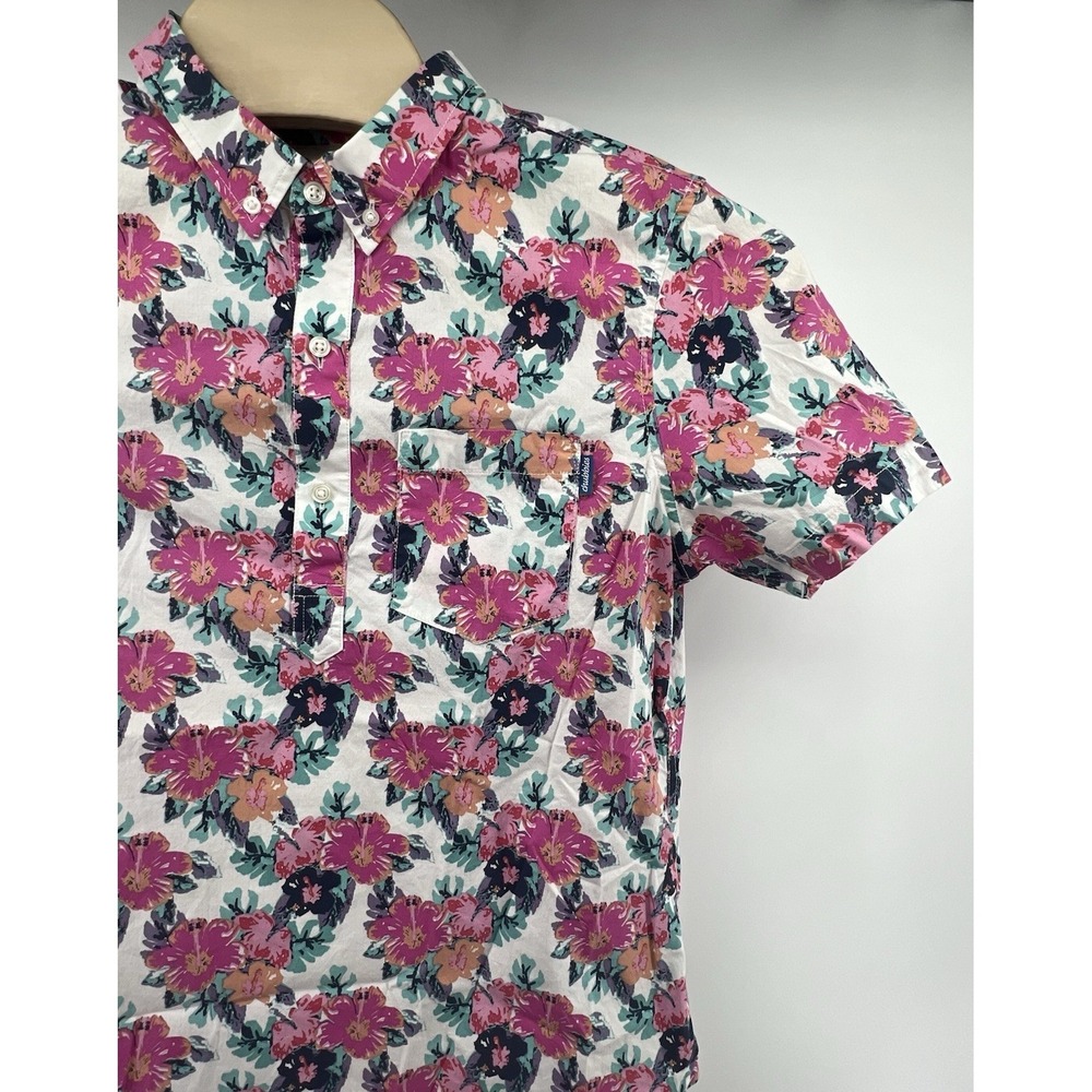 Chubbies Mens Popover Twill Shirt Floral Medium Short Sleeved Stretch Pink Red